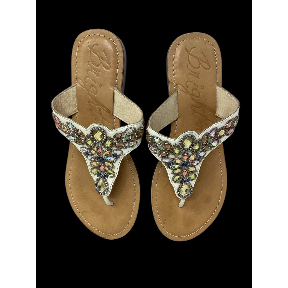 Brighton Ara Jewel Embellished Cream Leather Thong Sandal Slide India Sz 7